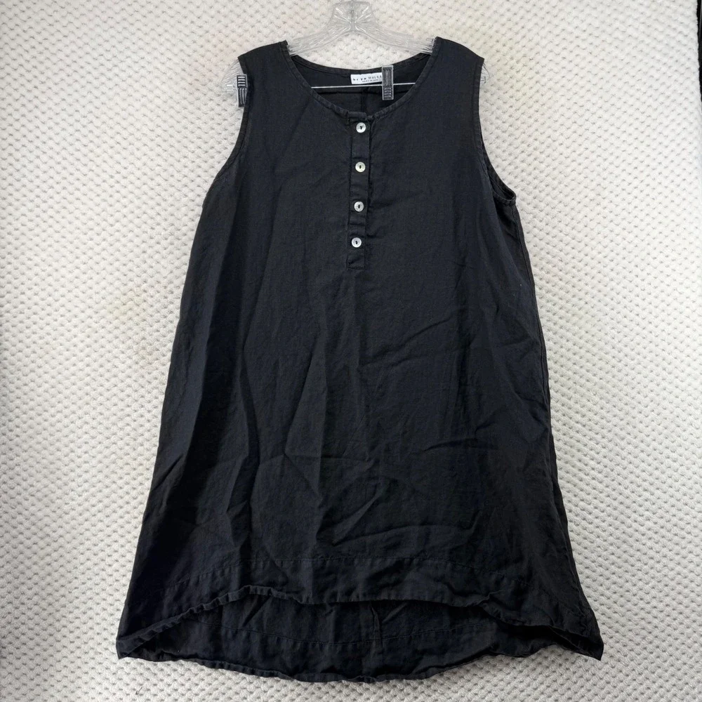 Bryn Walker Linen Shift Dress Women L Black‎ Sleeveless High-Low Hem Pockets